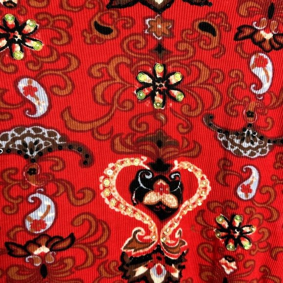 Pierre Cardin Womens Red Printed Y2K Paisley Print Sequin Blouse Size L Rib Knit - Picture 2 of 11